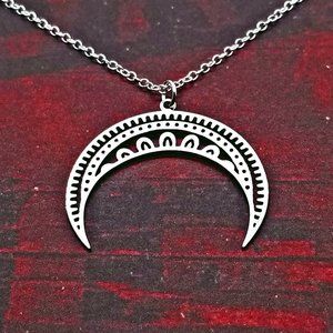 Mandala Upside Down Crescent Moon Silver Necklace